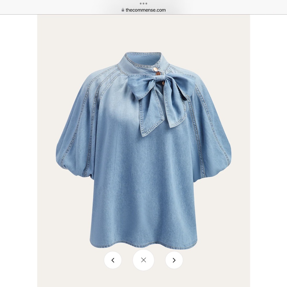 NWT Commense Denim Puff-Sleeve Top With Bow Detail